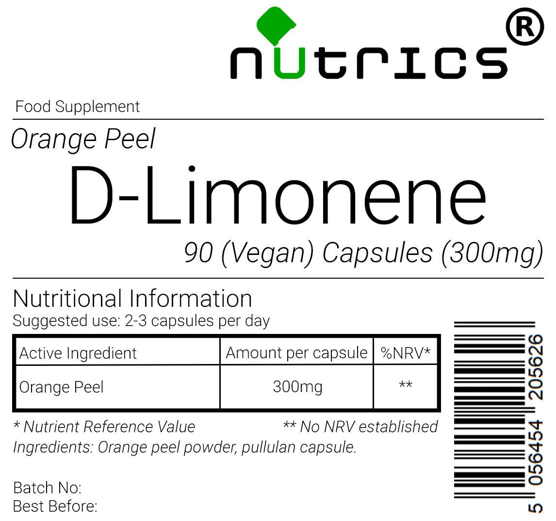 Nutrics® D Limonene 300mg 90 V Capsules (1 Month Supply) - Natural Citrus Extract for Digestive Health - Suitable for Vegan Vegetarian Halal Kosher