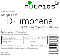 Nutrics® D Limonene 300mg 90 V Capsules (1 Month Supply) - Natural Citrus Extract for Digestive Health - Suitable for Vegan Vegetarian Halal Kosher