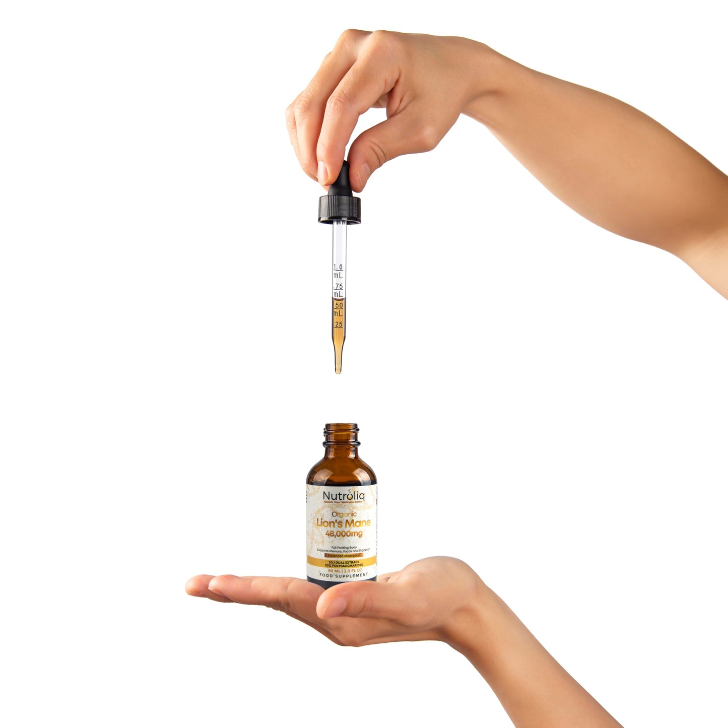 Nutroliq Lions Mane Tincture - Lions Mane Supplement with Organic Hericium Erinaceus Fruiting Body Extract - Contains 30% Polysaccharides - Vegan Formula - 800mg Per 1ml Serving - 60ml, 60-Day Supply