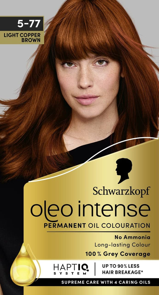 Schwarzkopf Oleo Intense Permanent Oil Colour 5-77 Light Copper Brown Hair Dye, 100% Grey Coverage, Conditioner with HaptIQ System, Long-Lasting Colour, Ammonia Free Hair Dye