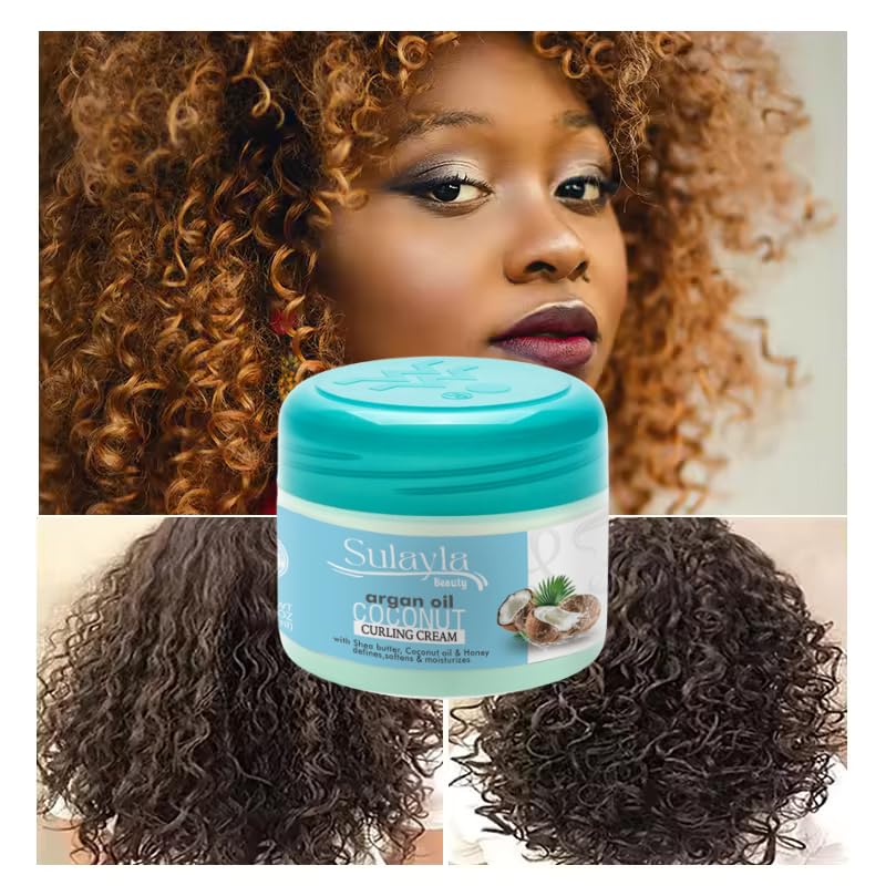 Sulayla Beauty Argan Oil & Coconut Curling Cream, 150g, Enhances Curls, Eliminates Frizz, Adds Shine with Shea Butter, Castor Oil, Argan Oil & Vitamin E