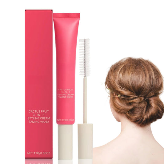 Ruojiar 3-in-1 Hair Styling Cream with Taming Wand,Slick Back Hair Brush,Cactus Fruit Smoothing Stick Hair Tame Flyaways,Hair Styling Products,Hair Mascara for Flyaway Hair,Hair Smoothing Cream,Vegan Formula