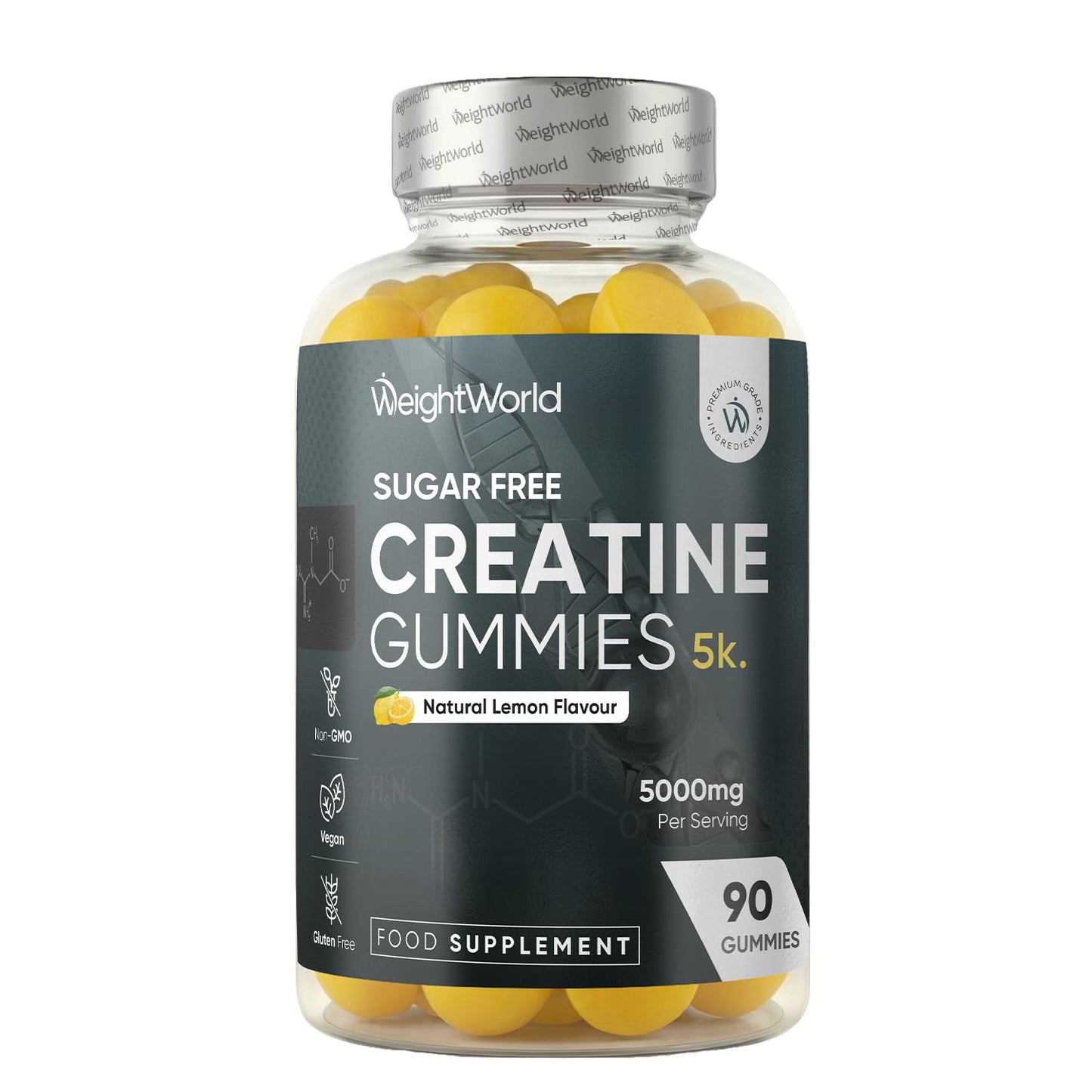 WeightWorld Creatine Gummies for Women & Men - 5000mg - Sugar-Free - 90 Gummies - Natural Lemon Flavour - Vegan-Friendly Creatine Monohydrate Supplement - 1 Month Supply - Non-GMO & Gluten-Free