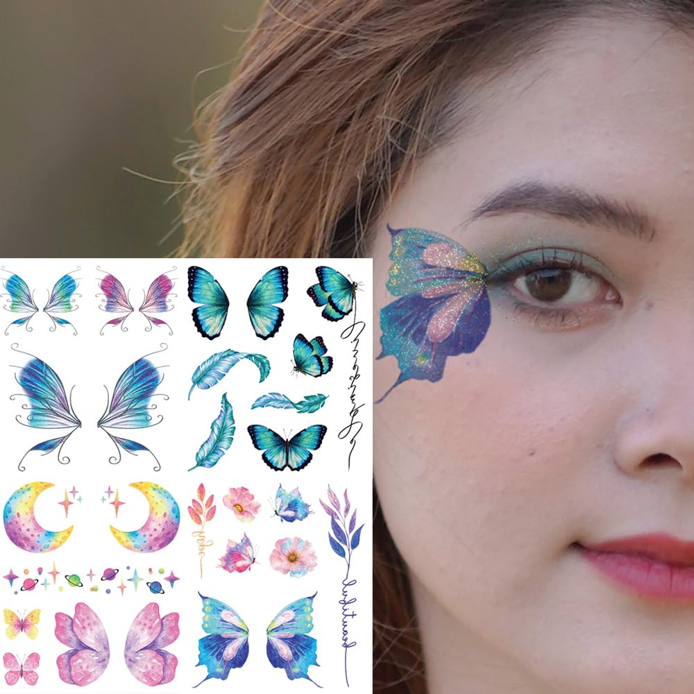 Rosymormor 18 Sheets Glitter Temporary Tattoos for Women Girls, Wings Butterfly Flowers Face Body Shiny Waterproof Stickers Fake Tattoos for Gifts Birthday Party Favors Festival Makeup Halloween