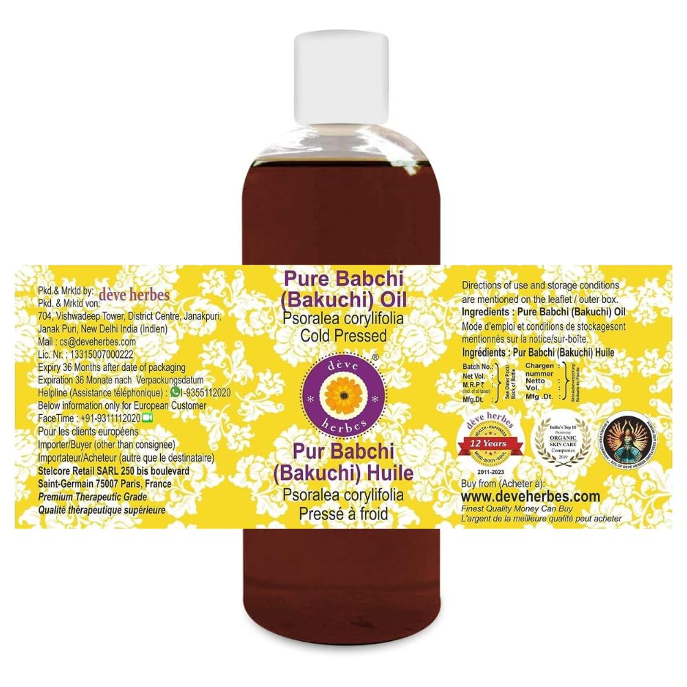 Deve Herbes Pure Babchi Oil (Psoralea corylifolia) Cold Pressed Natural Therapeutic Grade 200ml (6.76 oz)
