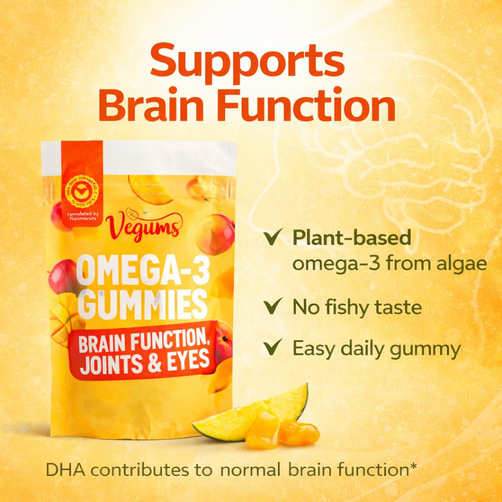 Vegums Omega 3 Gummies Vegan DHA EPA Algae Kids Adults 30 Gummies