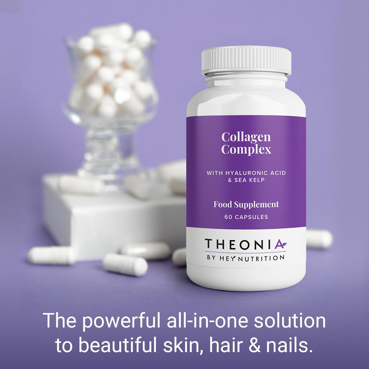 Theonia Collagen Complex Hyaluronic Acid & Sea Kelp Vitamin E, C, Biotin - Healthy Nails, Skin, Hair Joints Metabolism - Type 1 Marine Supplement - Non GMO, 60 Capsules