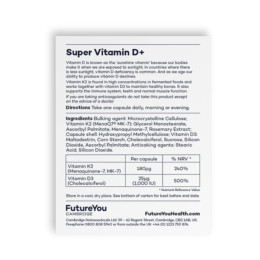 Super Vitamin D+ Supplements – High Strength D3 and K2 Vitamin Capsules for Bone Health and Density – Vitamins for Tiredness and Fatigue – Vitamin D Tablets by FutureYou Cambridge