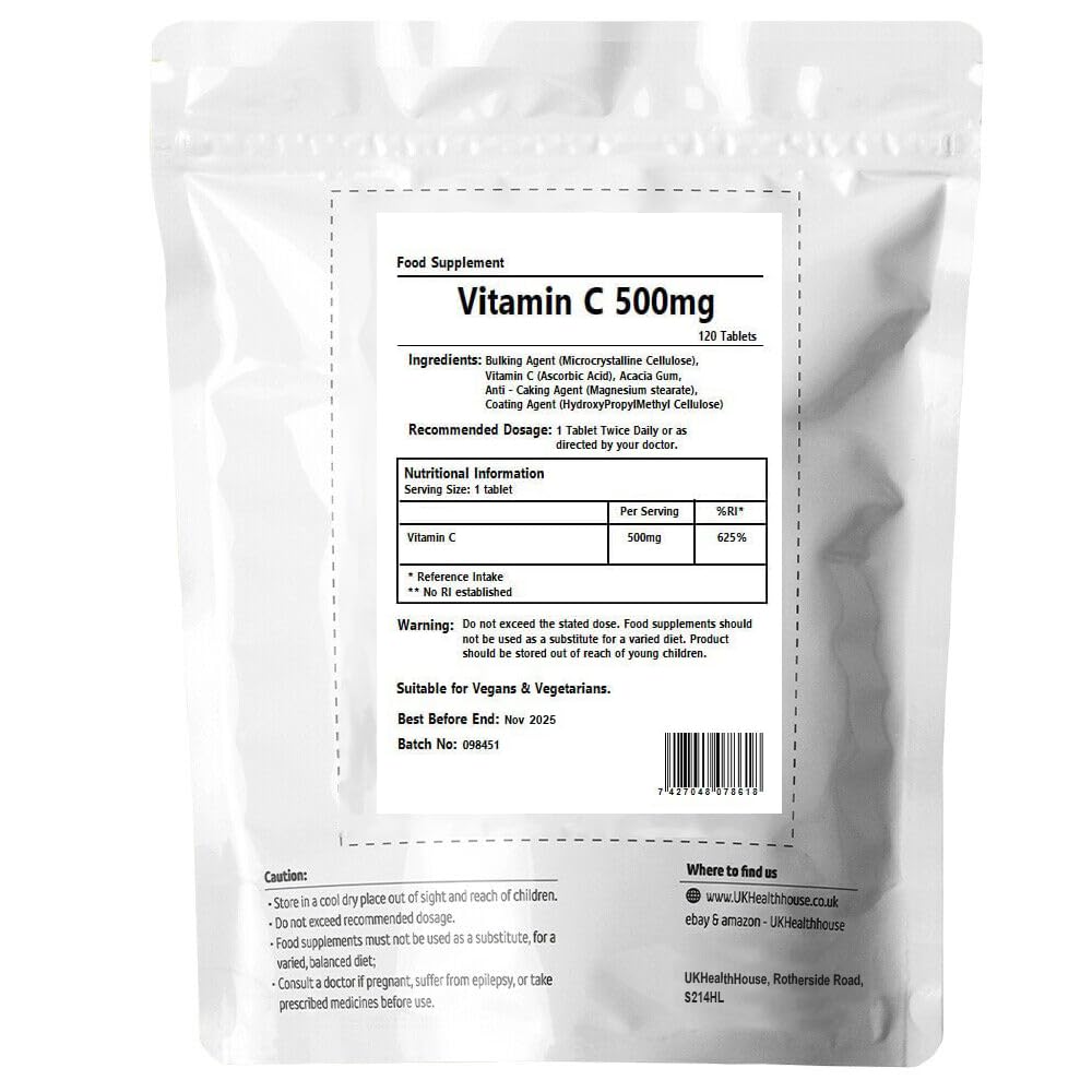 UKHealthHouse Vitamin C Tablets 500mg x 120 - Vegan, High Strength, Immune System Support, Reduction in Tiredness & Fatigue, Skin, Bone, Teeth Health