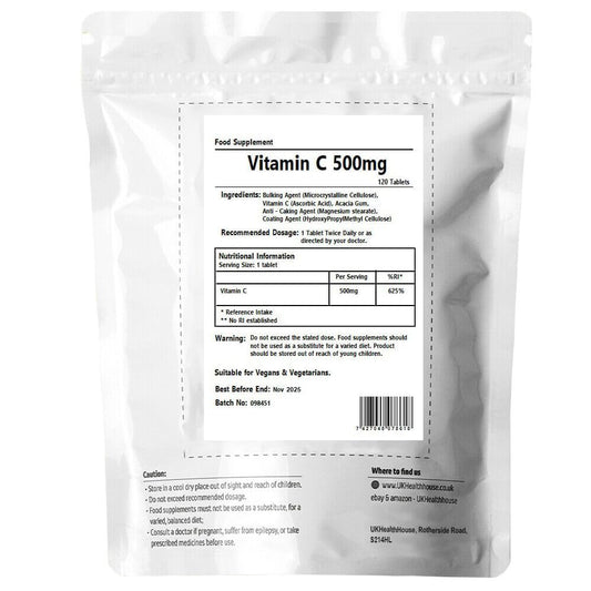 UKHealthHouse Vitamin C Tablets 500mg x 120 - Vegan, High Strength, Immune System Support, Reduction in Tiredness & Fatigue, Skin, Bone, Teeth Health