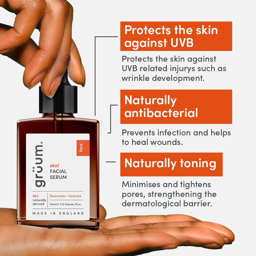 grüum 30ml Kakadu Plum with Vitamin C serum for face - 96% Naturally Derived Anti-ageing Face Serum for Women & Men - Made in the UK