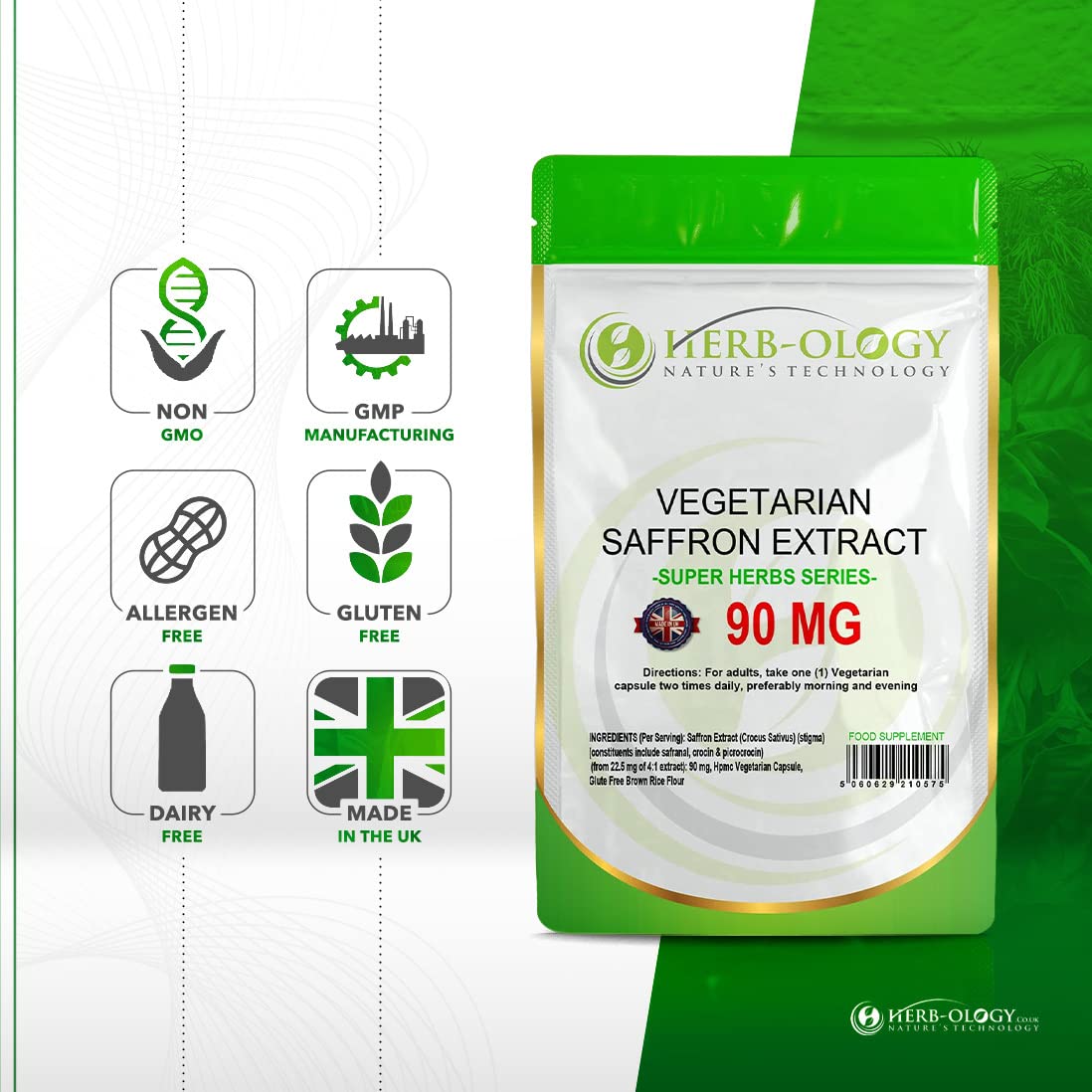 Herb-ology.co.uk Nature's Technology Herb-Ology Saffron Supplement | 60 Saffron Capsules (from 4:1 Extract) - 90mg Per Serving | High Strength | Non-GMO, Gluten, Dairy & Allergen Free | Manufactured in The UK