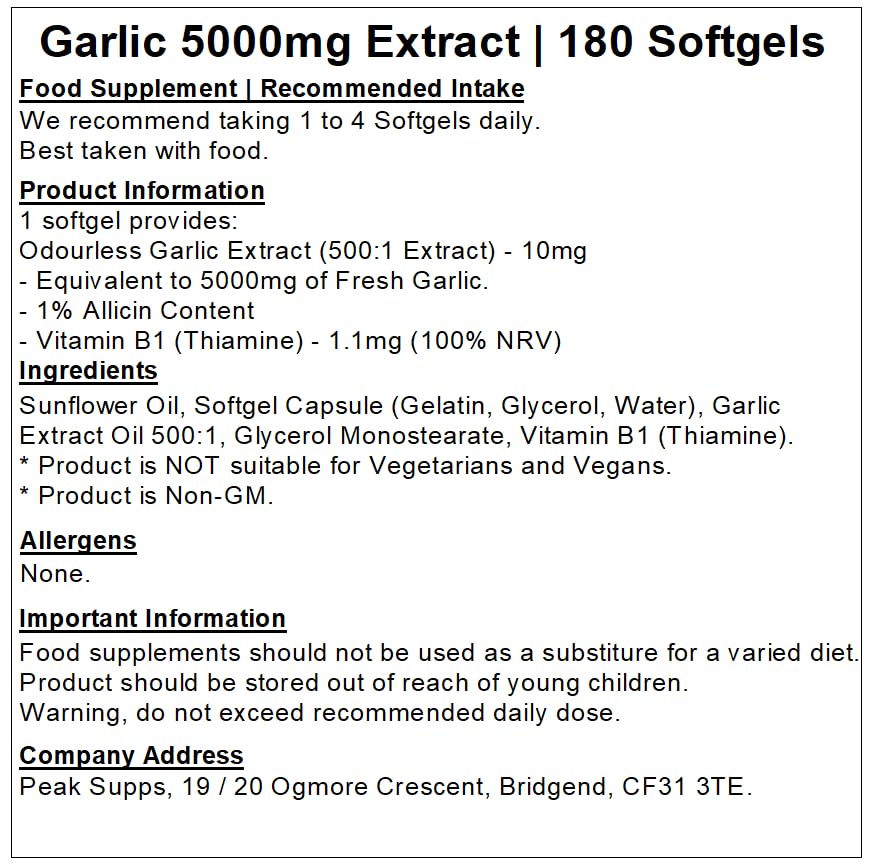Peak Supps Garlic Extract 5000mg Softgels - Odourless | 1% Allicin (180)