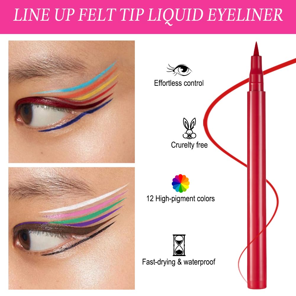 LOPHE 12 Coloured Liquid Eyeliner Set, Rainbow Colorful Eyeliner Pencil, Matte Eyeliner Pencil, Long-lasting & Waterproof, Smudge-Proof Eye Liners, Suitable for Christmas And Masquerade Makeup