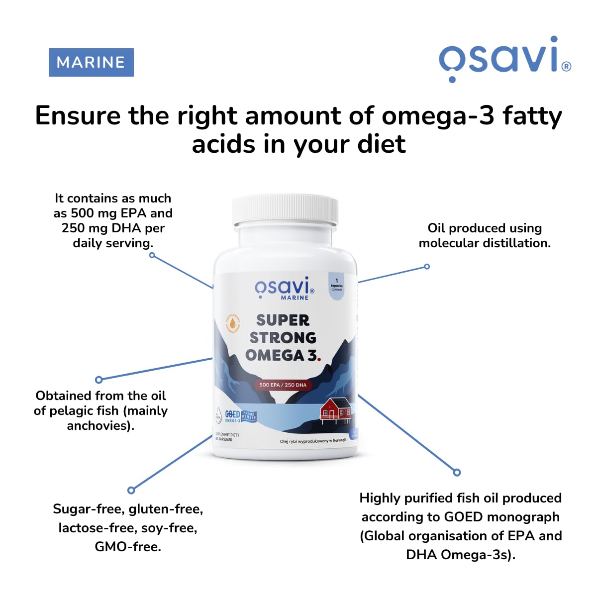 OSAVI Osavi Super Strong Omega–3 500 EPA / 250 DHA – 180 Softgels | Concentrated Omega–3 from Pelagic Fish | Supports Heart Health, Brain Function, and Vision | Highly Purified with Molecular Distillation