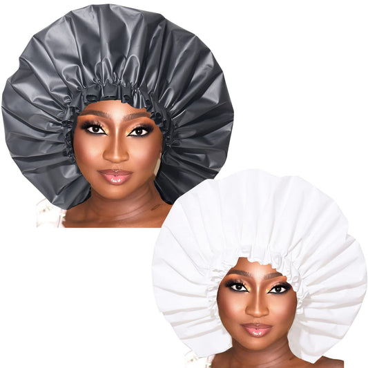 FIWOODELF Jumbo Shower Caps 2 Packs Waterproof & Adjustable & Reusable Shower Cap for Women Extra Large Shower Cap Bath Hair Caps(Black and White）