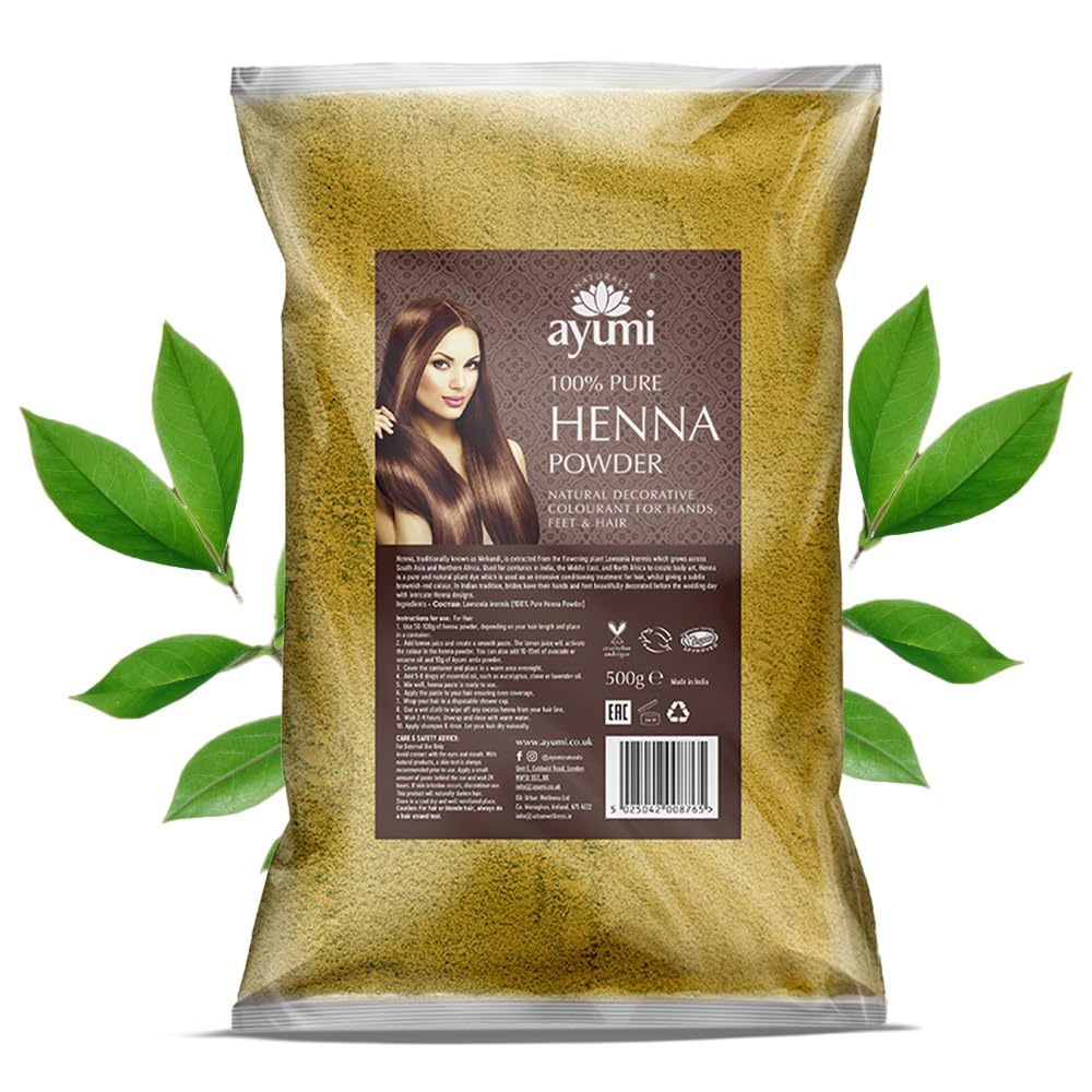 Ayumi Pure Henna 100% (Mendhi), 500g |Natural Dark Red Hair Dye |Chemical-Free Colour |Dandruff Prevention |Hair Growth & Moisture Conditioning Powder