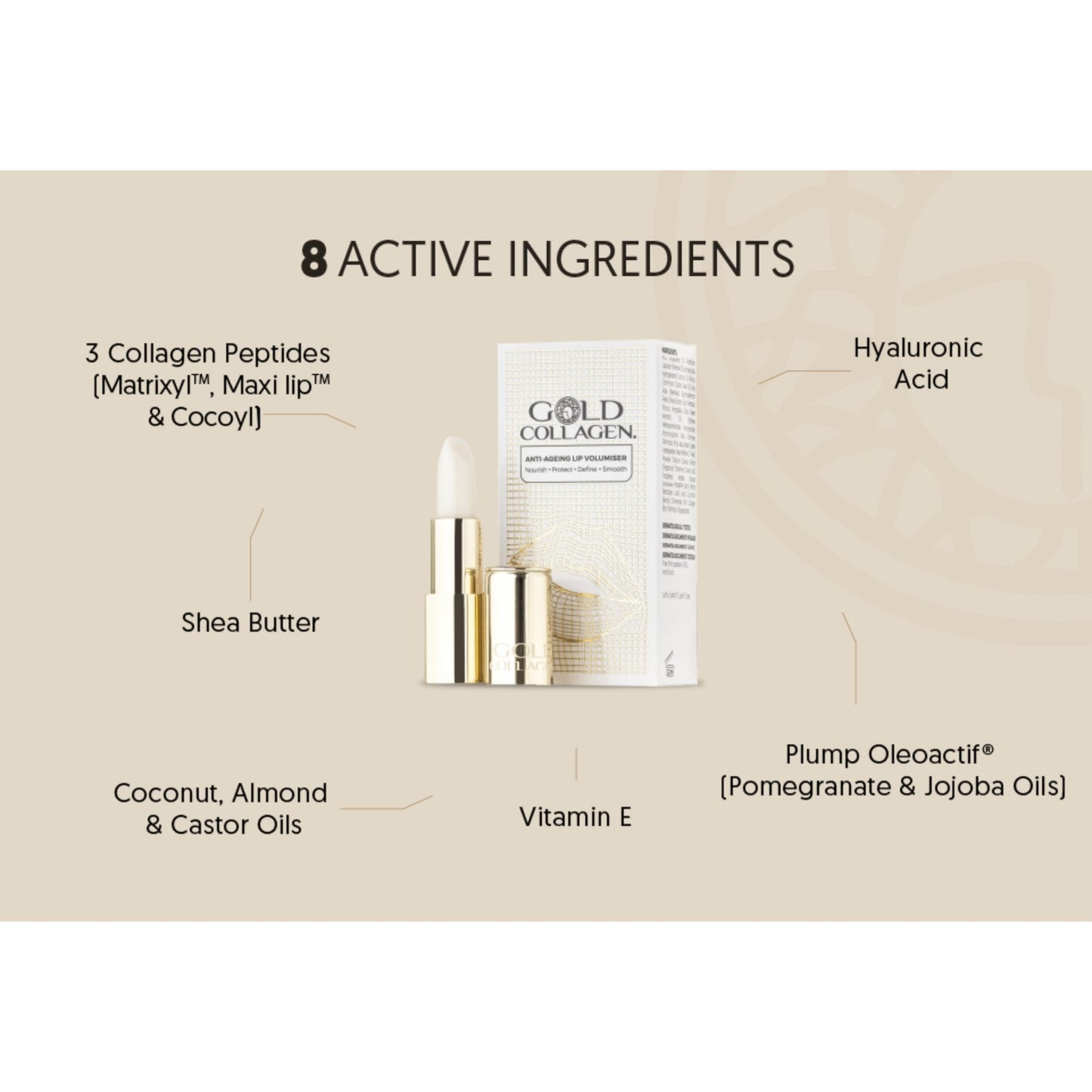 GOLD COLLAGEN Lip Volumiser - Anti-Ageing Lip Balm with Castor Oil, Coconut Oil, Vitamin E & Marine Collagen - Super Moisturising Lip Plumper with Beeswax for Healthier & Plumper Lips - Pearl Effect