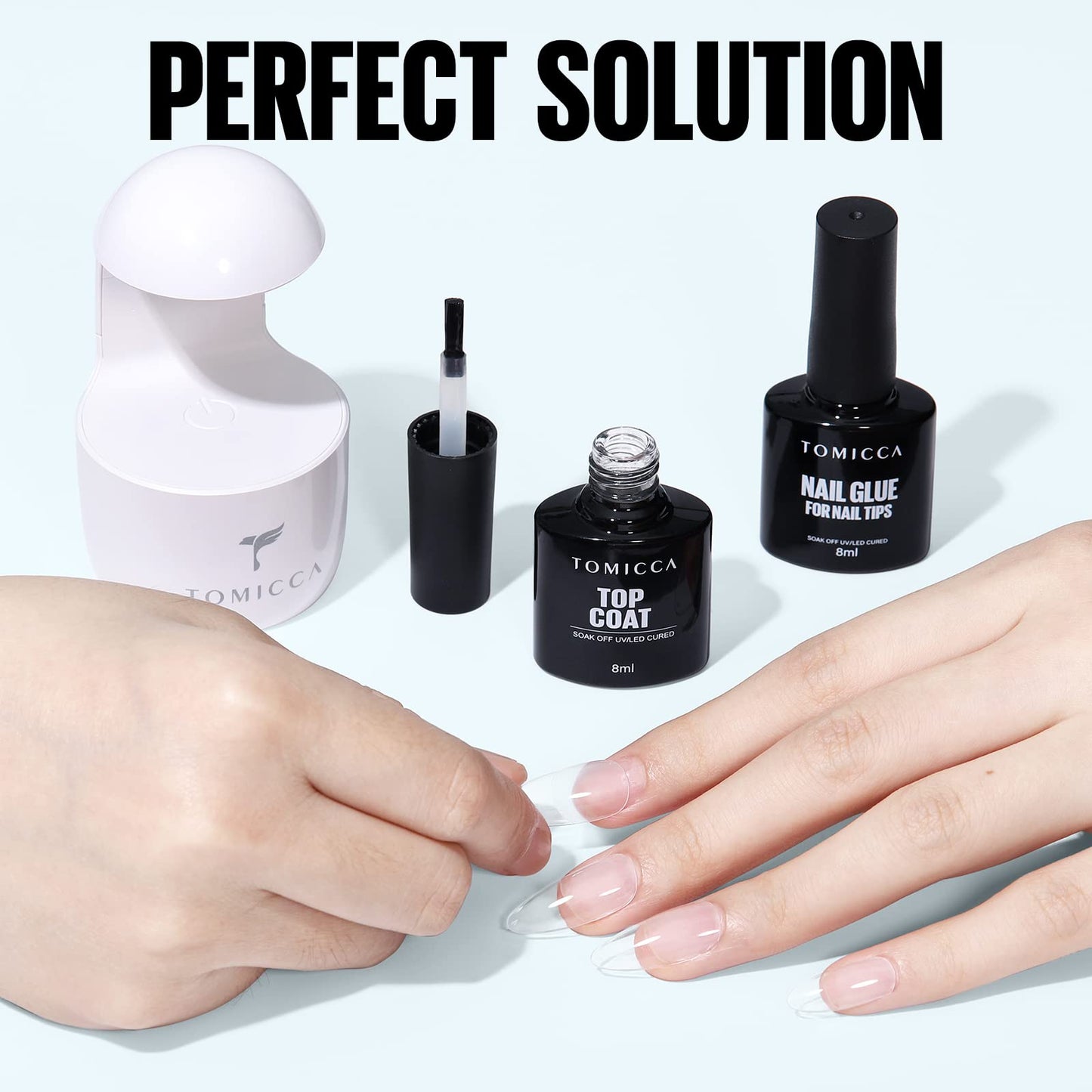 TOMICCA Gel Nail Glue Set, 8 in 1 Nail Glue and No Wipe Top Coat Kit for Acrylic Nails, Super Strong Brush On Nail Glue Gel and Top Coat for False Nails and Gel Nail Polish, UV/LED Lamp Cure Required