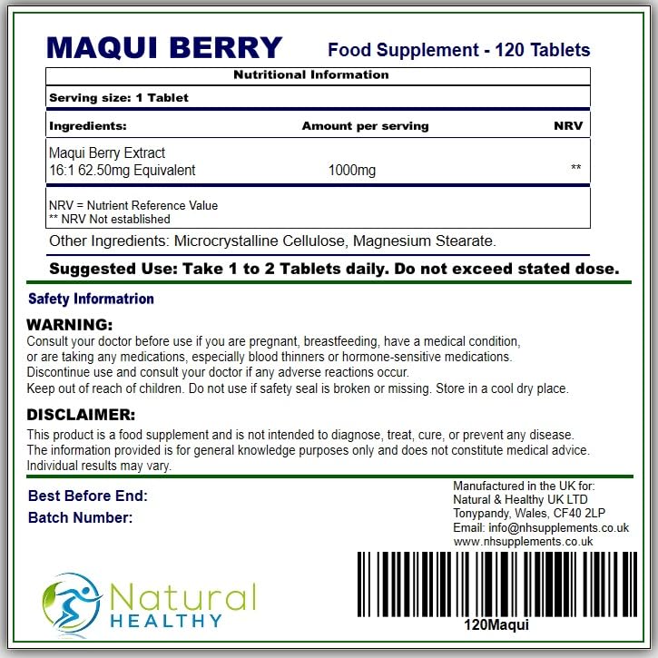 NATURAL & HEALTHY UK Maqui Berry 1000mg - 120 Tablets - Natural & Healthy UK - Vegan Friendly