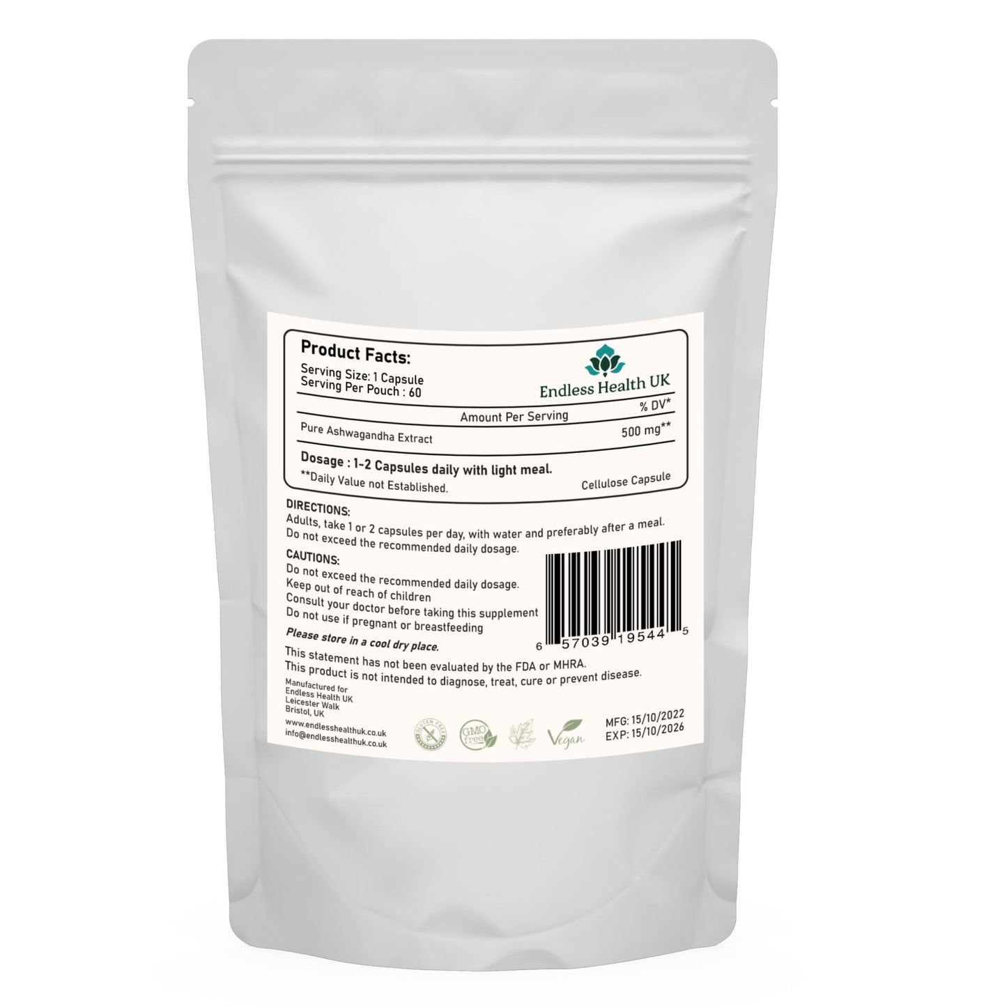 Endless Health UK Ashwagandha Extract | High Strength | 20:1 Extract | 60 Capsules