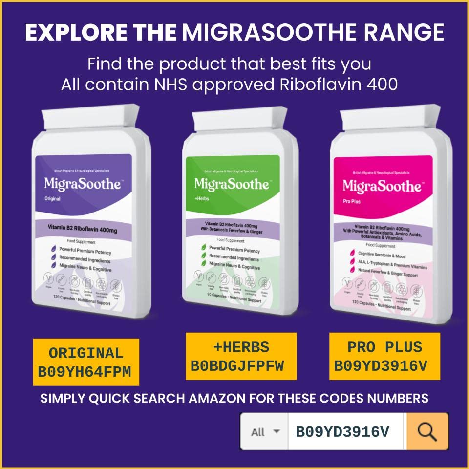 Premium Vitamin B2 Riboflavin 400mg per Capsule 120 Days Supply - Migrasoothe-B Pharma Manufacturing Standards UK Made Migraine Support, Stress, Tremors & Energy Vegan. NHS Recommended Vitamin B2 400
