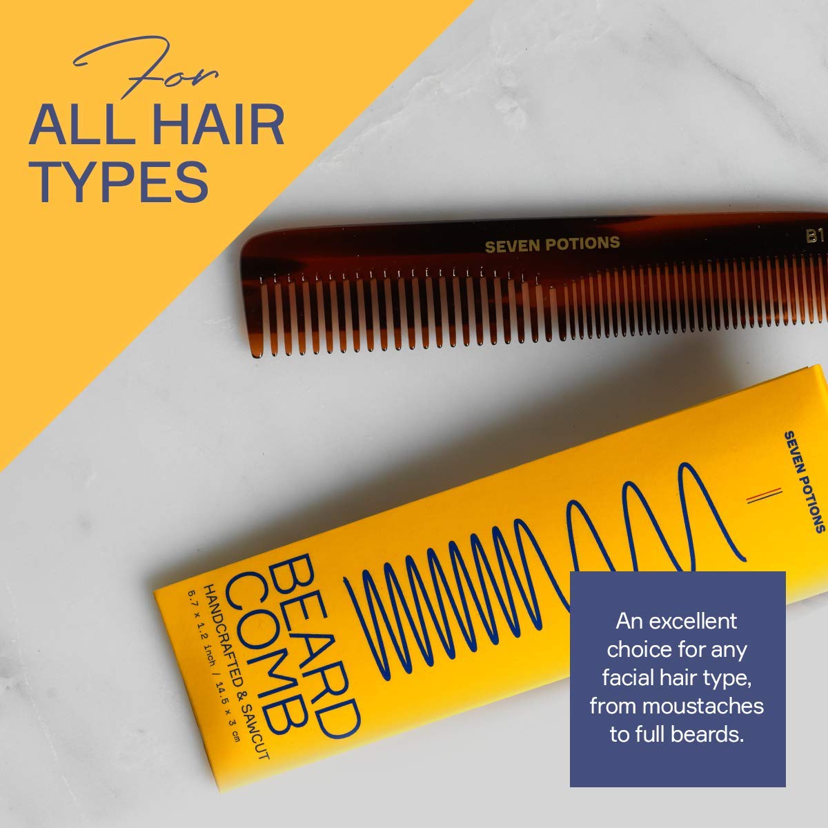 SEVEN POTIONS Seven Potions Beard Comb — Fine and Coarse-Tooth Comb for Men's Hair, Beard & Moustache — Handmade (14.5 cm / 5.7 inch)