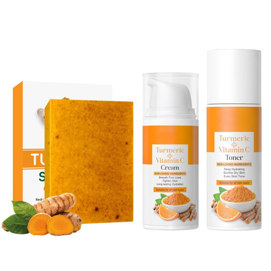 ISBEAUSOLS Turmeric Soap Bar Skin Care Set - Soap Bar with Face Toner & Face Cream - Natural Kojic Acid & Vitamin C - Dark Spot Remover for Even Skin Tone, Acne, Dark Spots - Deeply Hydrating & Firming (3pcs)