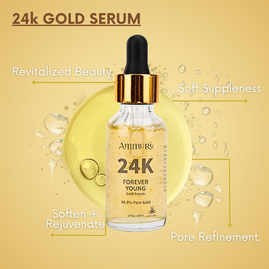 Ammuri 24K Gold Serum Anti-Ageing Anti-Wrinkle Formula Collagen Moisturizing Skin Care Face Serum - Targets Pigmentation, Uneven Skin Tone, and Dark Circles - 30ml