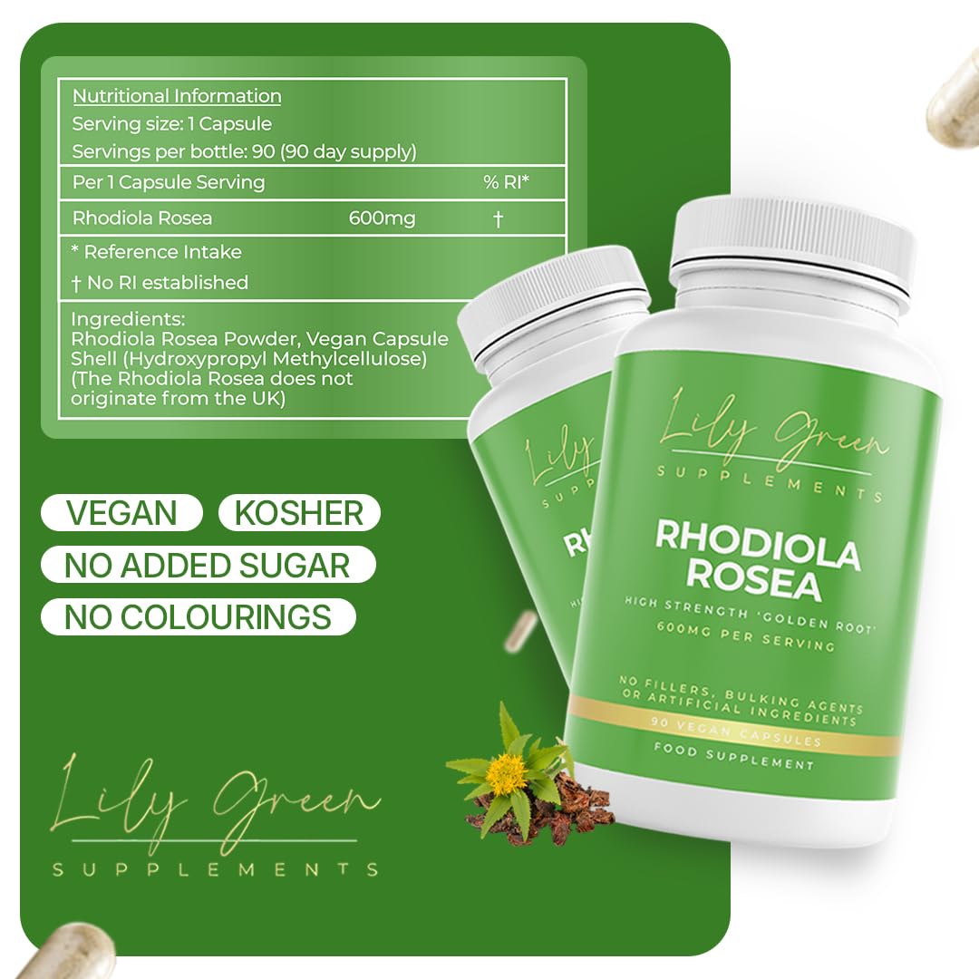 Lily Green Supplements Lily Green Rhodiola Rosea Capsules | 600mg Per Serving Rhodiola-Rosea Supplements for Anxiety, Adaptogenic & Cognitive Support | Non-GMO, No Artificial Additives | 90 Capsules | Made in UK