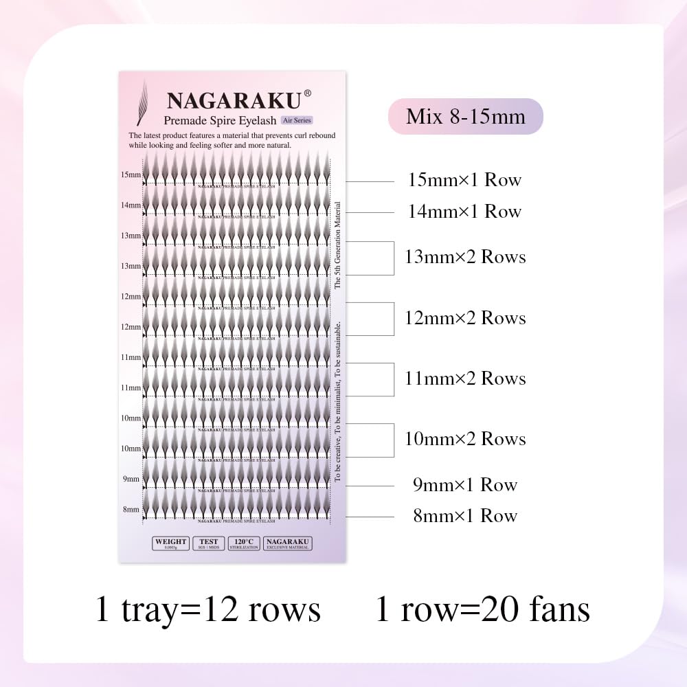 NAGARAKU Spire Shaped Eyelashes Extensions Air Series Premade Volume Lashes 0.07mm C Curl 8mm-15mm Mix Length 240 Clusters Wet Set/Anime/Manga Styles Lashes