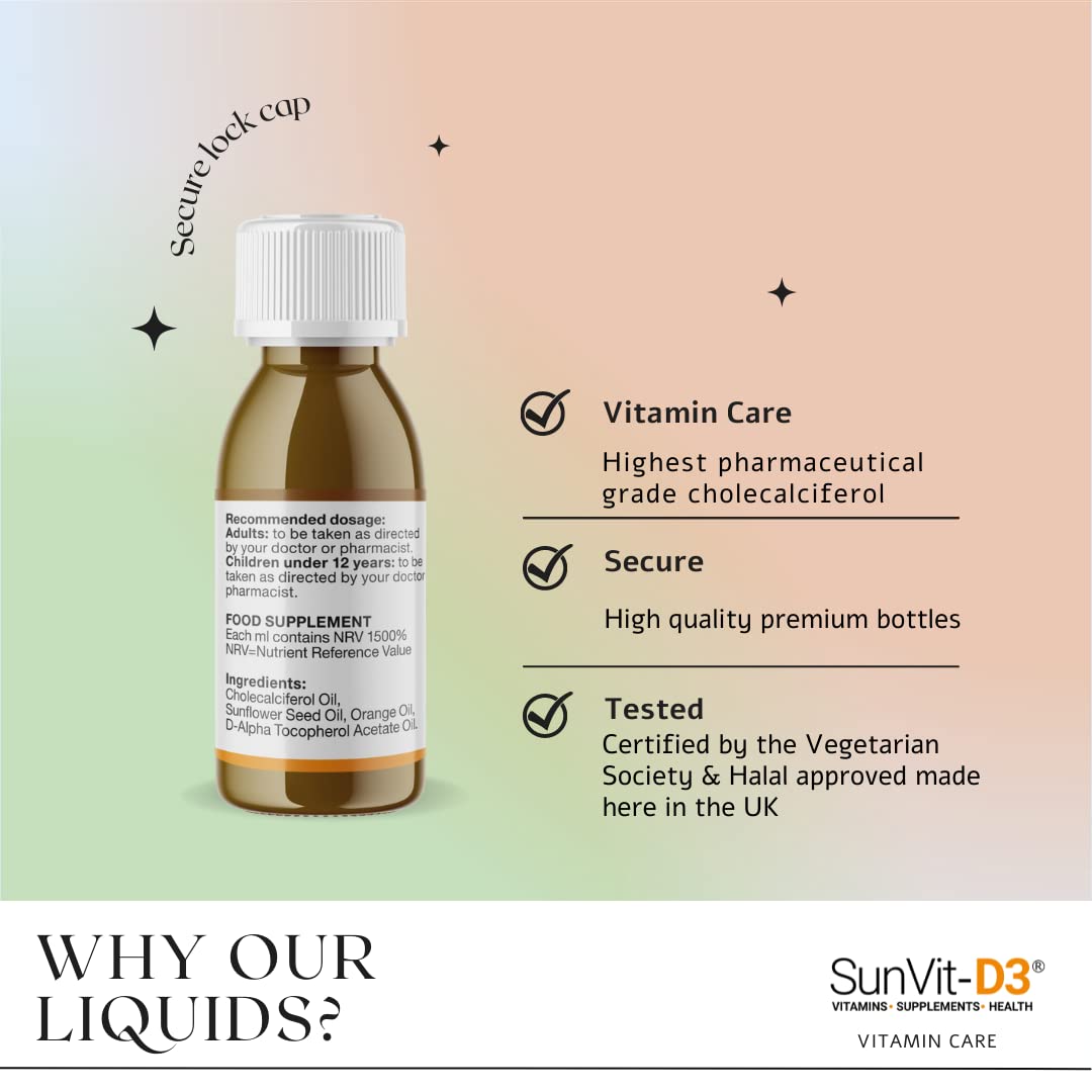 SunVit-D3 Vitamin D3 3000IU Oral Solution - Vitamin D for Kids | Cholecalciferol Vitamin D Drops Baby | Supports Bone, Teeth, Muscle & Immune System | Vitamin D Drops for Kids (50ml Orange Flavor)