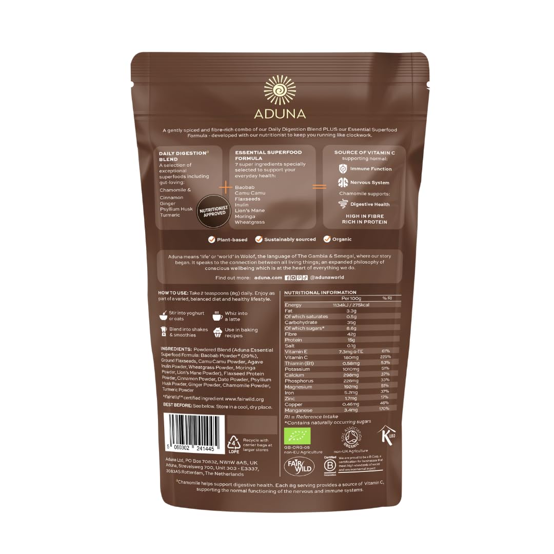 Aduna Advanced Superfood Digestion Blend | 100% Organic Powder for Smoothies/Juices & Yoghurt | 250g Resealable and Recyclable Pack