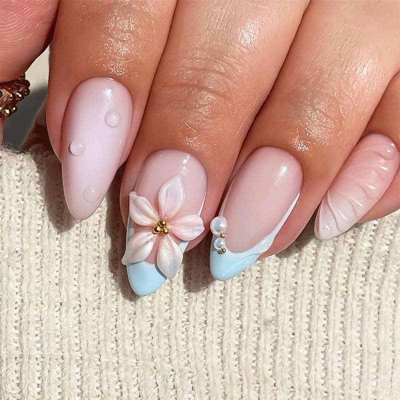 Nymora 24PCS Blue White Press On Nails, 3D Flower & Pearl Design for Summer, Medium False Nails Blue White French Lace