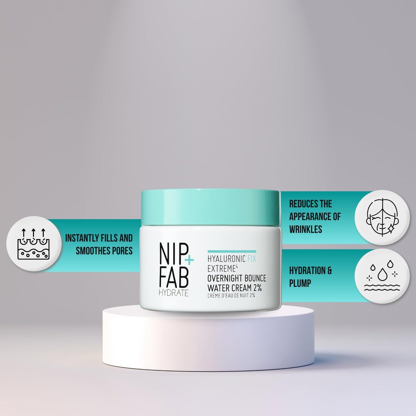 Nip+Fab Hyaluronic Fix Extreme4 Overnight Bounce Water Cream 2% 50 ml, Hydrating, Smooths Pores, Fine Lines and Wrinkles, Prevents Moisture Loss