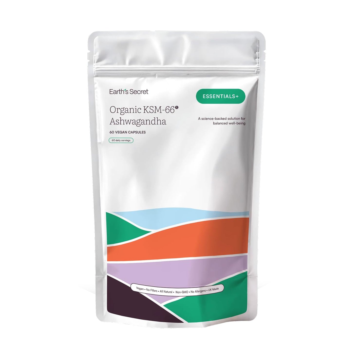 Earths Secret KSM-66® Ashwagandha Capsules 300mg - Full-Spectrum Root Extract - Supports Calm, Emotional Balance, Mental Focus, Restful Sleep - Made in UK - 2 Month Supply - 60 Vegan Capsules