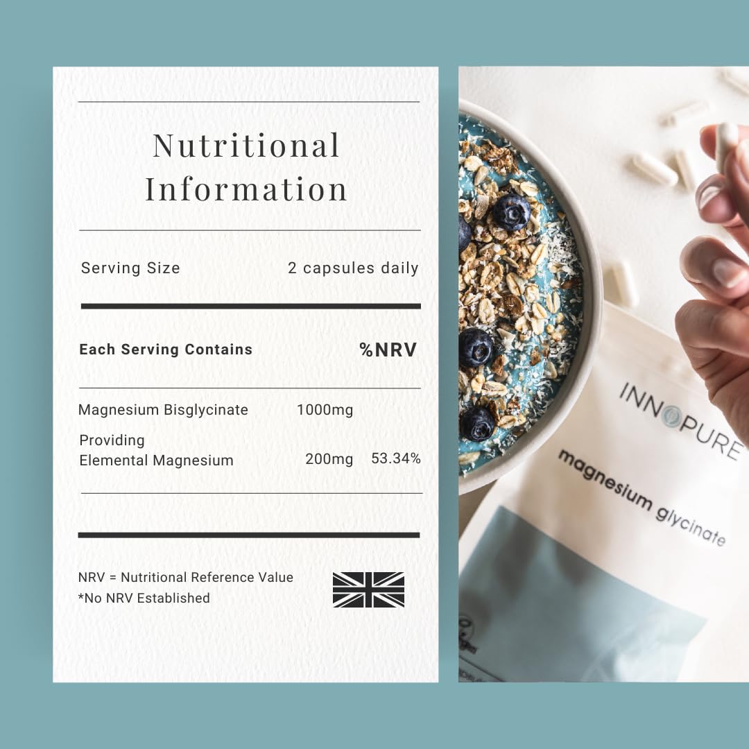 INNOPURE Magnesium Bisglycinate - 180 Capsules - Bioavailable Magnesium Supplements - 1000mg Per Serving (2 Capsules) Providing 200mg of Elemental Glycinate Powder - Made in The UK