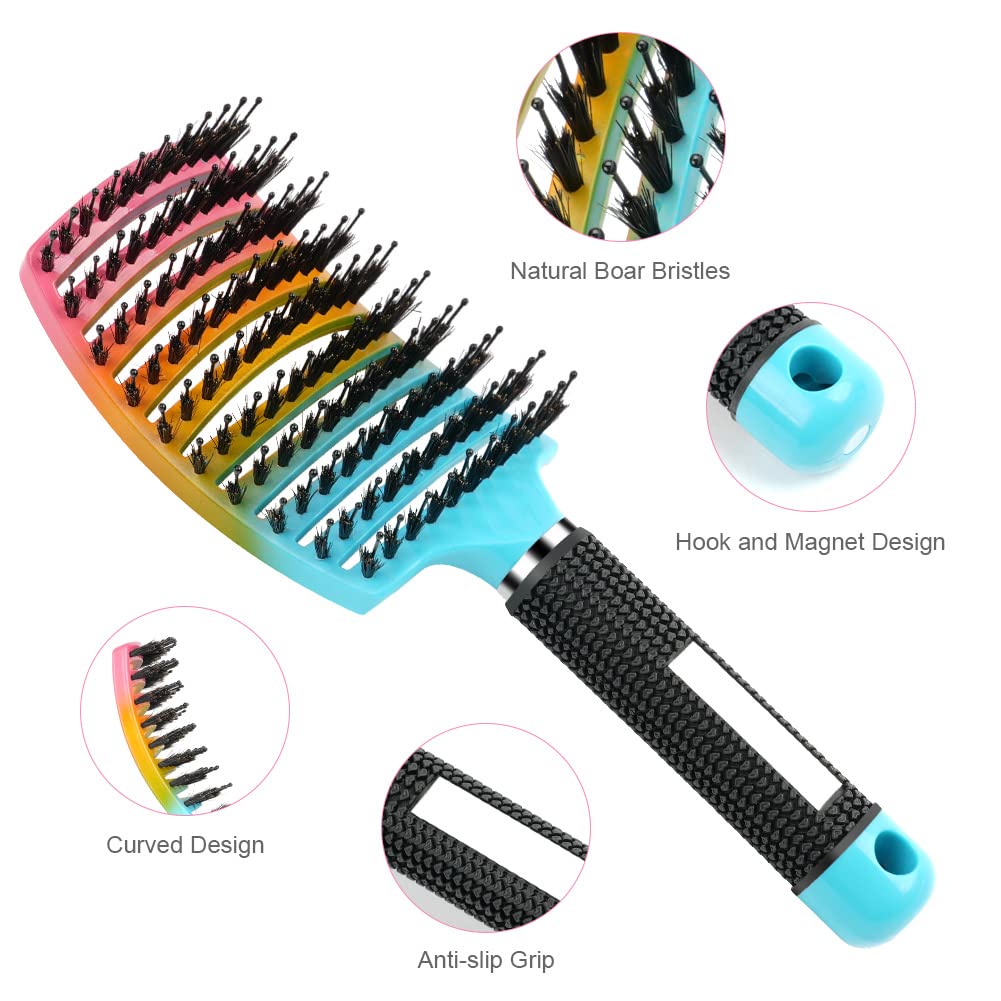 URAQT Hair Brush, Boar Bristle Paddle Hairbrush for Women, Soft Massage Hair Comb, Detangle Hair Brush for Long Thick Curly Hair, Reducing Hair Breakage and Frizzy Gradient