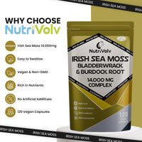 NutriVolv Irish Sea Moss, Bladderwrack & Burdock Root Complex 14,000mg | 120 High Strength Capsules Providing 120 Day Supply | North Atlantic Irish Sea Moss Supplement | No Fillers or Binders | Vegan & UK Made