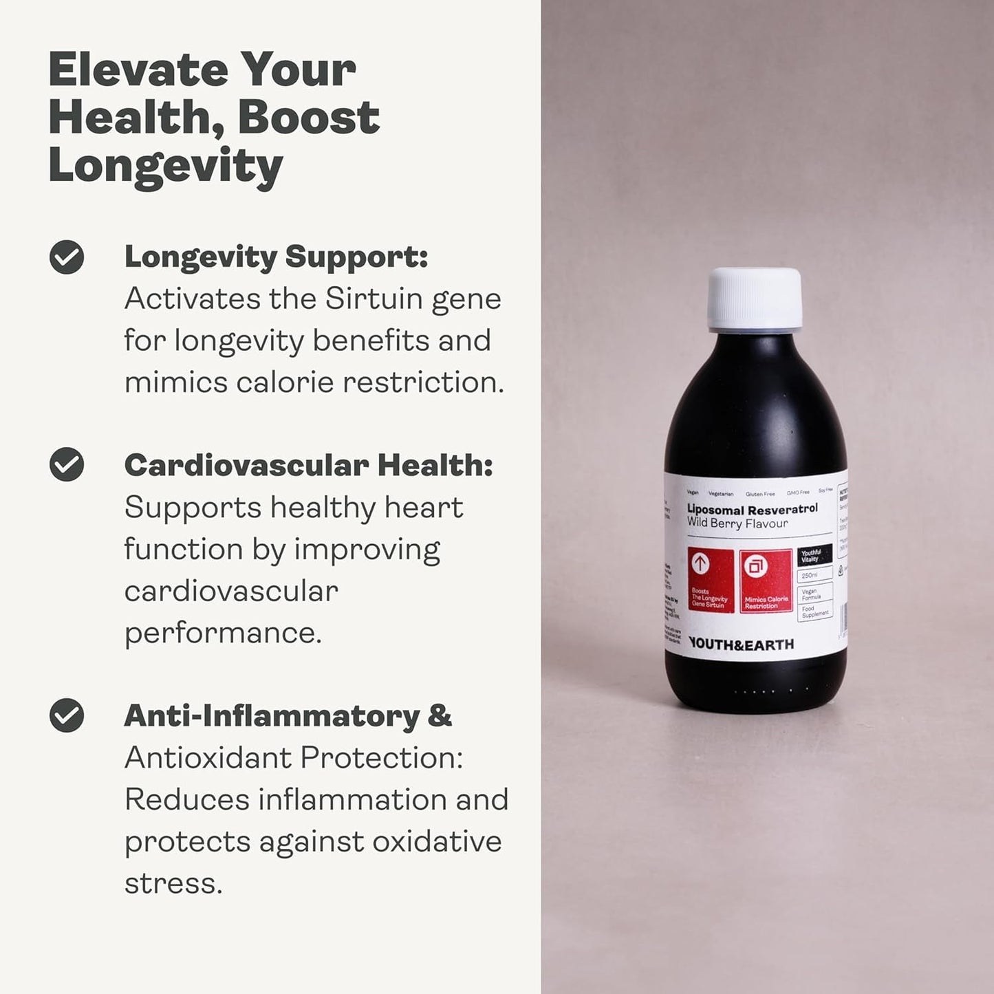 Youth & Earth Liposomal Resveratrol 200mg - Liquid Resveratrol Supplements for Sirtuin Activation, Anti-Aging & Cellular Health with NAD+ Boosters, NMN or NR - Wild Berry Flavor - 250ml