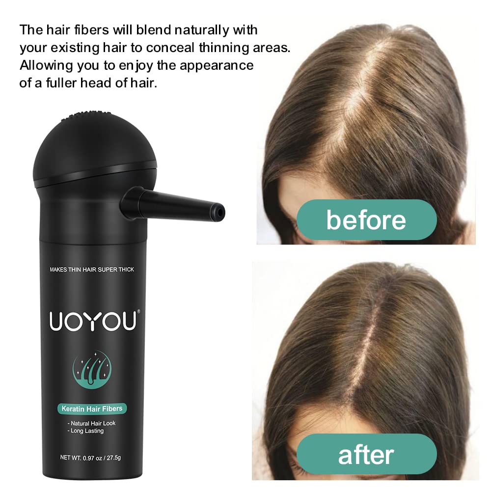 UOYOU MEDIUM BROWN Hair Fibres for Thinning Hair 27.5g Bottle with Applicator | Natural Keratin Hair Fibers Concealer for Hair Loss for Men and Women | Hair Building Fibres Powder [MEDIUM BROWN]