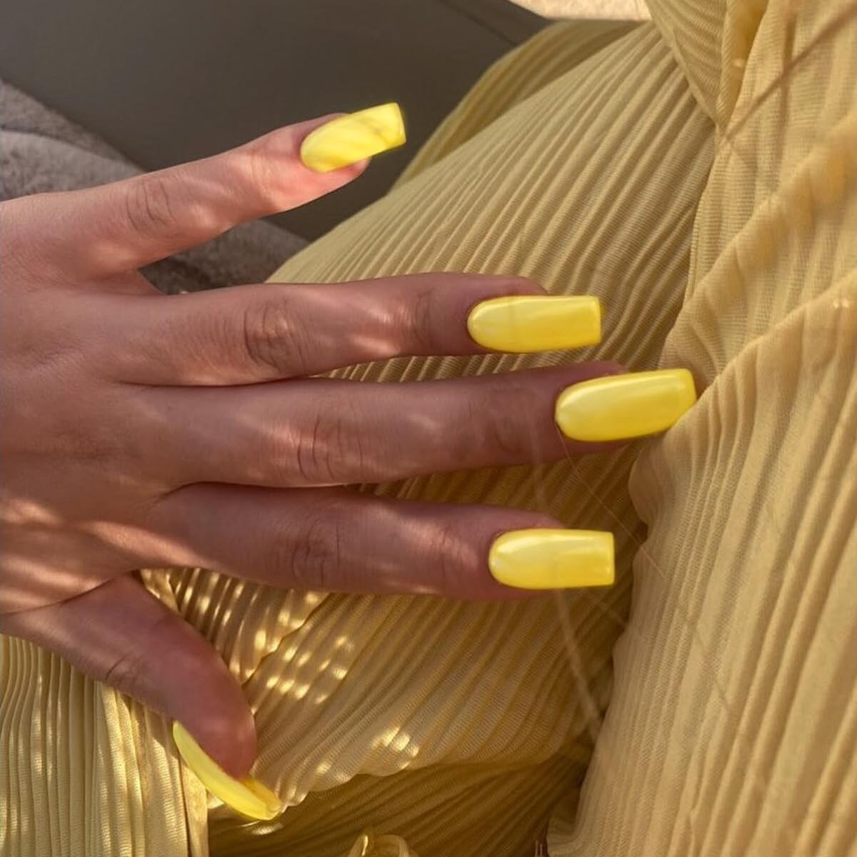 SXVME Bright Yellow Press on Nails Long Square, Light Yellow False Nails Medium Coffin, Glossy Gel Fake Nails Press on, Sheer Gel Stick on Nail for Women, 24 Pcs
