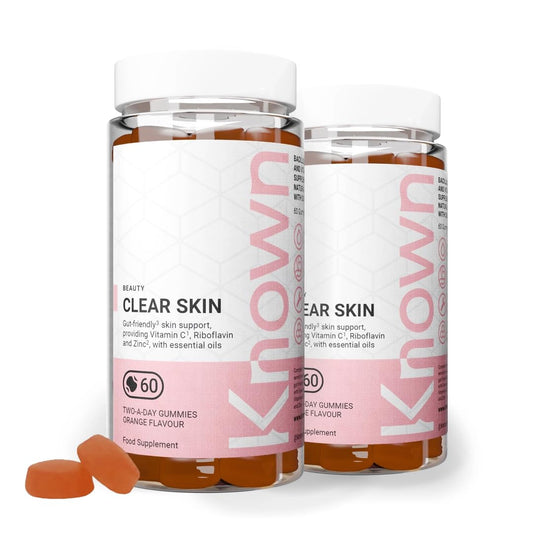 Known Tasty Clear Skin Gummies - with Vitamin C, Zinc & Gut-Friendly Bacteria - Supports Skin - Natural Orange Flavour - 60 Gummies, 2 Months Supply