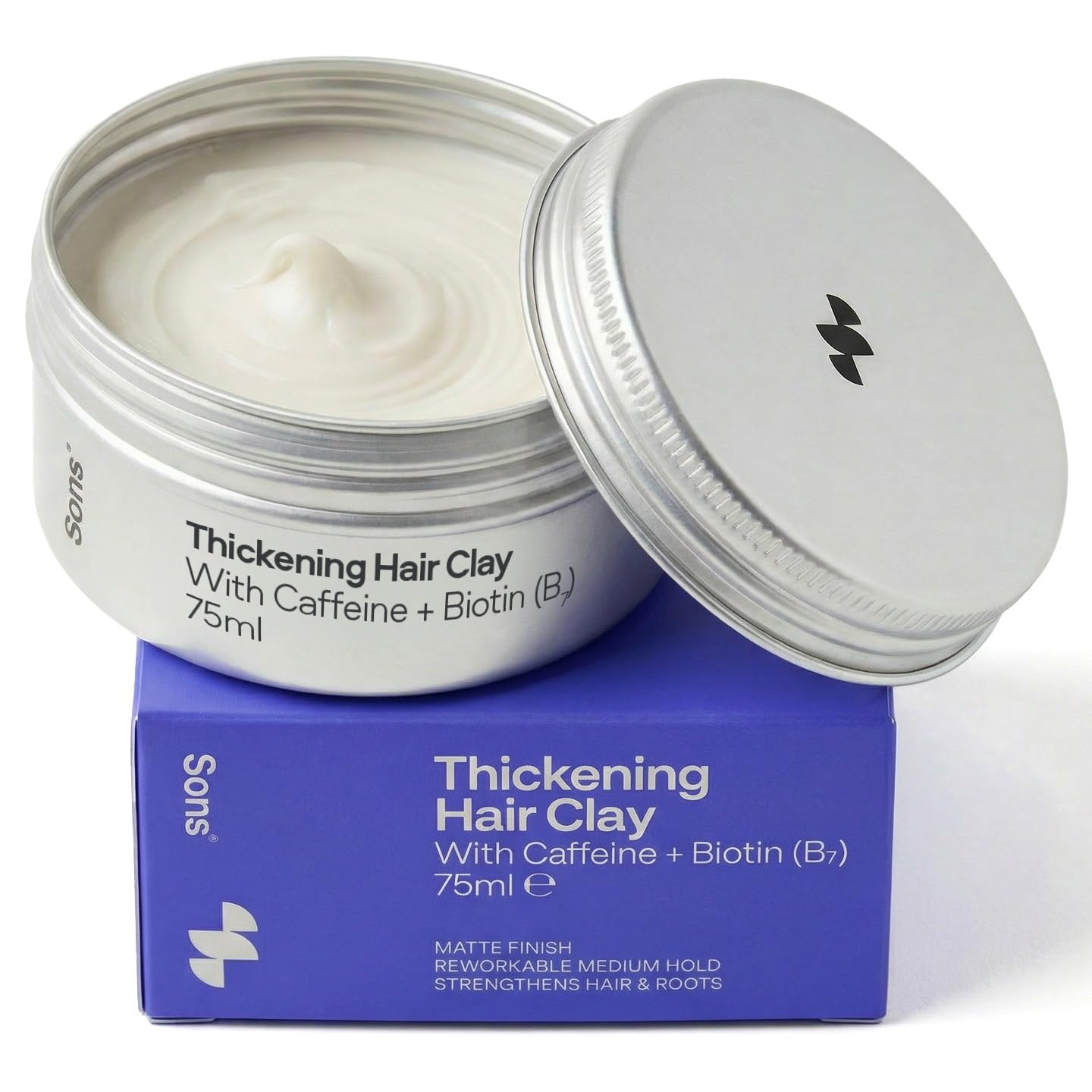 Sons Thickening Hair Clay with Caffeine & Biotin, Hair Growth for Men.