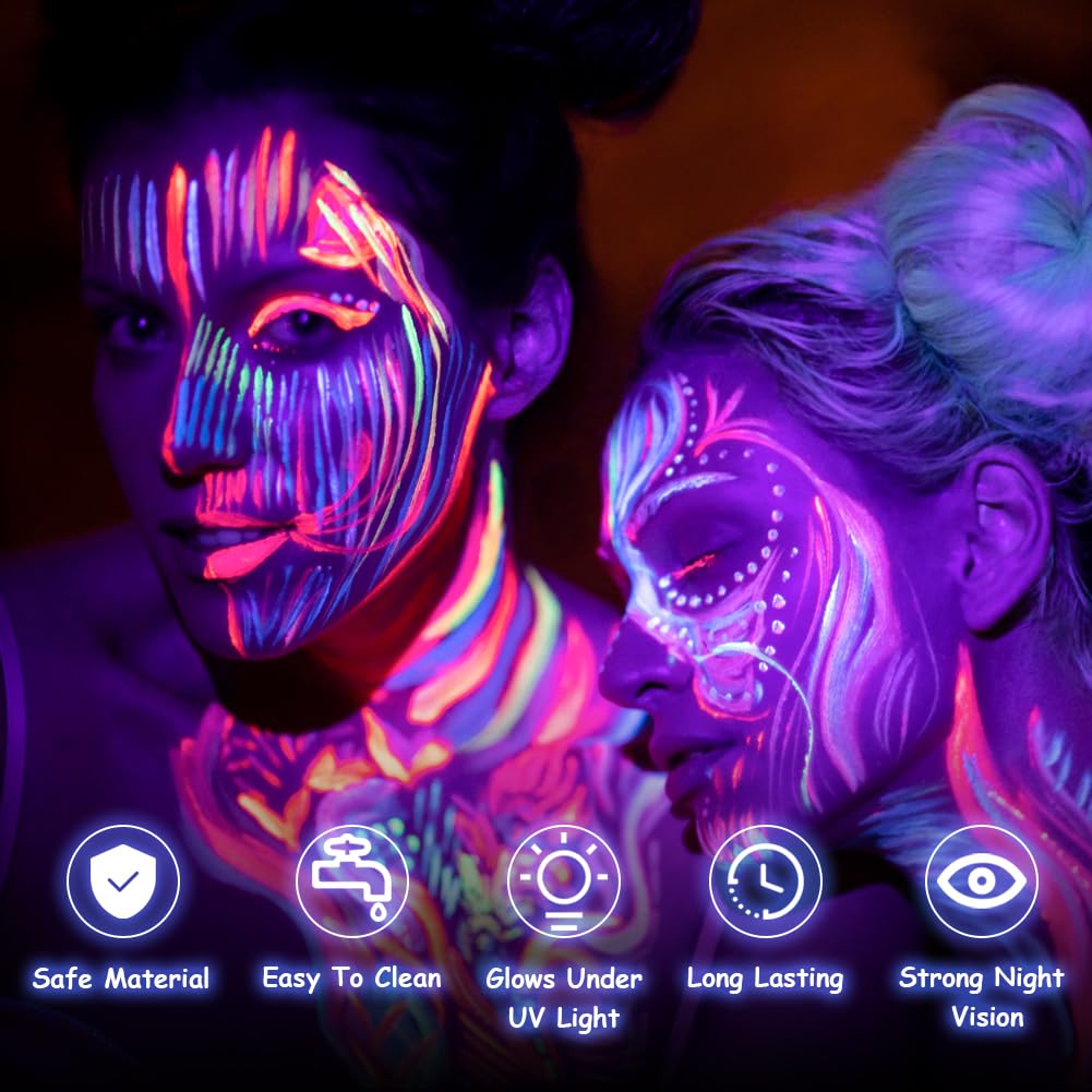 LOPHE UV Body Painting Set, 6 Pcs 30ML Ultraviolet Glow Face Paint with UV Lamp, UV Glowing Neon Liquid Face Painting, Non Toxic Face Body Paint for Carnival Halloween Cosplay Art Paint, Light Color