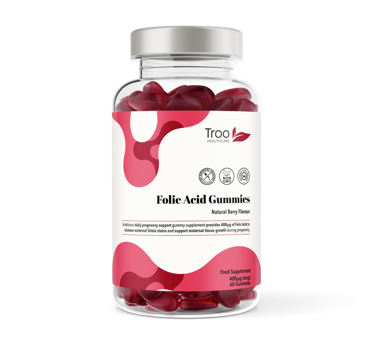 Troo Health Care Folic Acid 400μg Gummy Prenatal Supplement - 60 Natural Berry Flavour Gummies to Support Health Pregnancy & Foetus Development - No Common Allergens or GMO