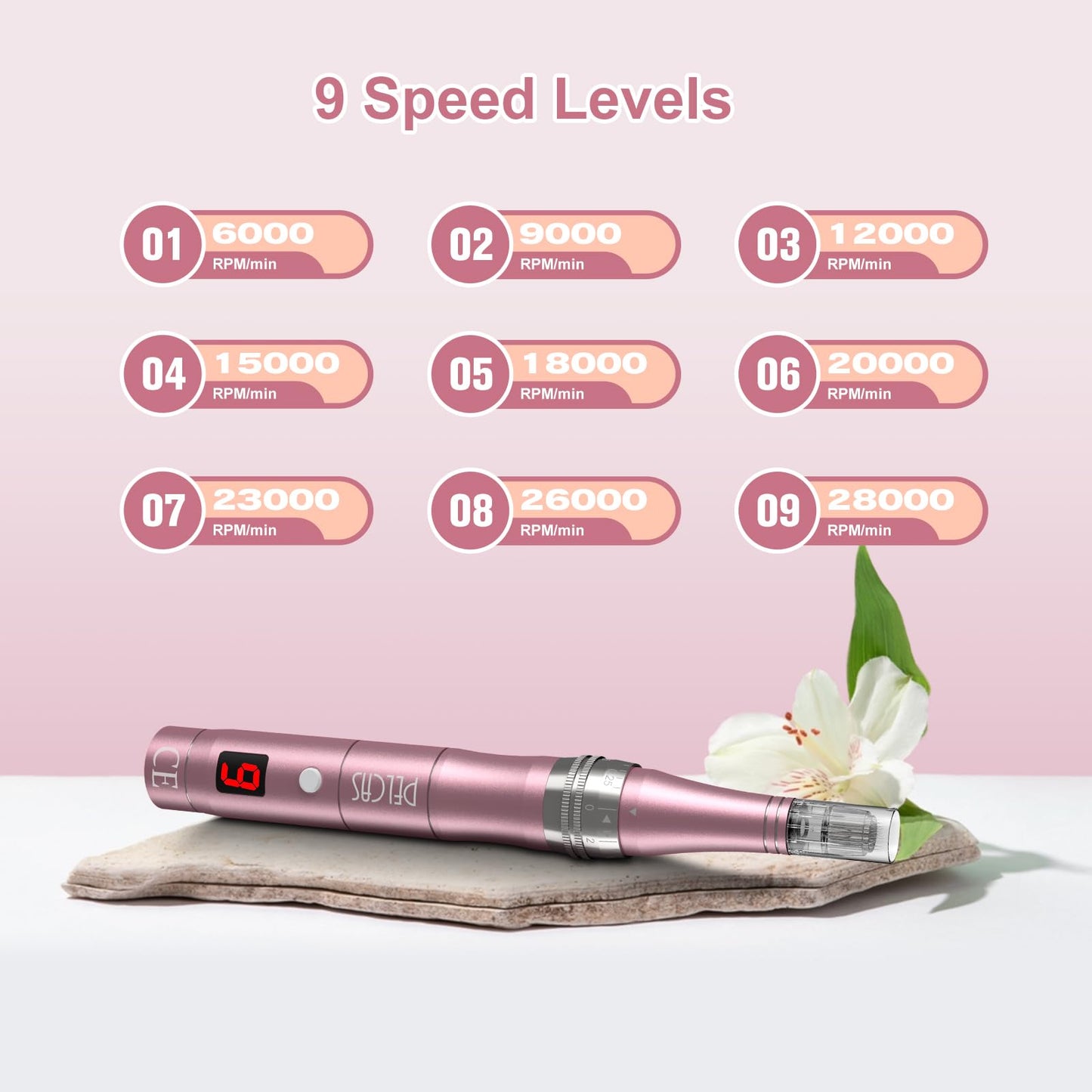 Microneedling Pen 9-Speeds,PELCAS Dermapen 0-2.5mm Adjustable with 12 Pcs Cartridges Type-C Rechargable Electric Derma Pen with LCD Screen for Anti-Aging Skin Care Wrinkle Stretch Marks Hair Loss