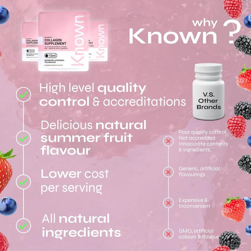 Known Advanced Hydrolysed Marine Collagen Liquid Sachets - 5000mg Collagen, Vitamin A, C - Skin Support - Natural Summer Fruits Flavour - 14 Sachets