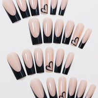 EONFAVE 24pcs French Tip False Nails - Press On Nails Long - French Style Black Edge Heart Stick On Nails With Glue - Long Coffin Shaped Elegant Design Fake Nails