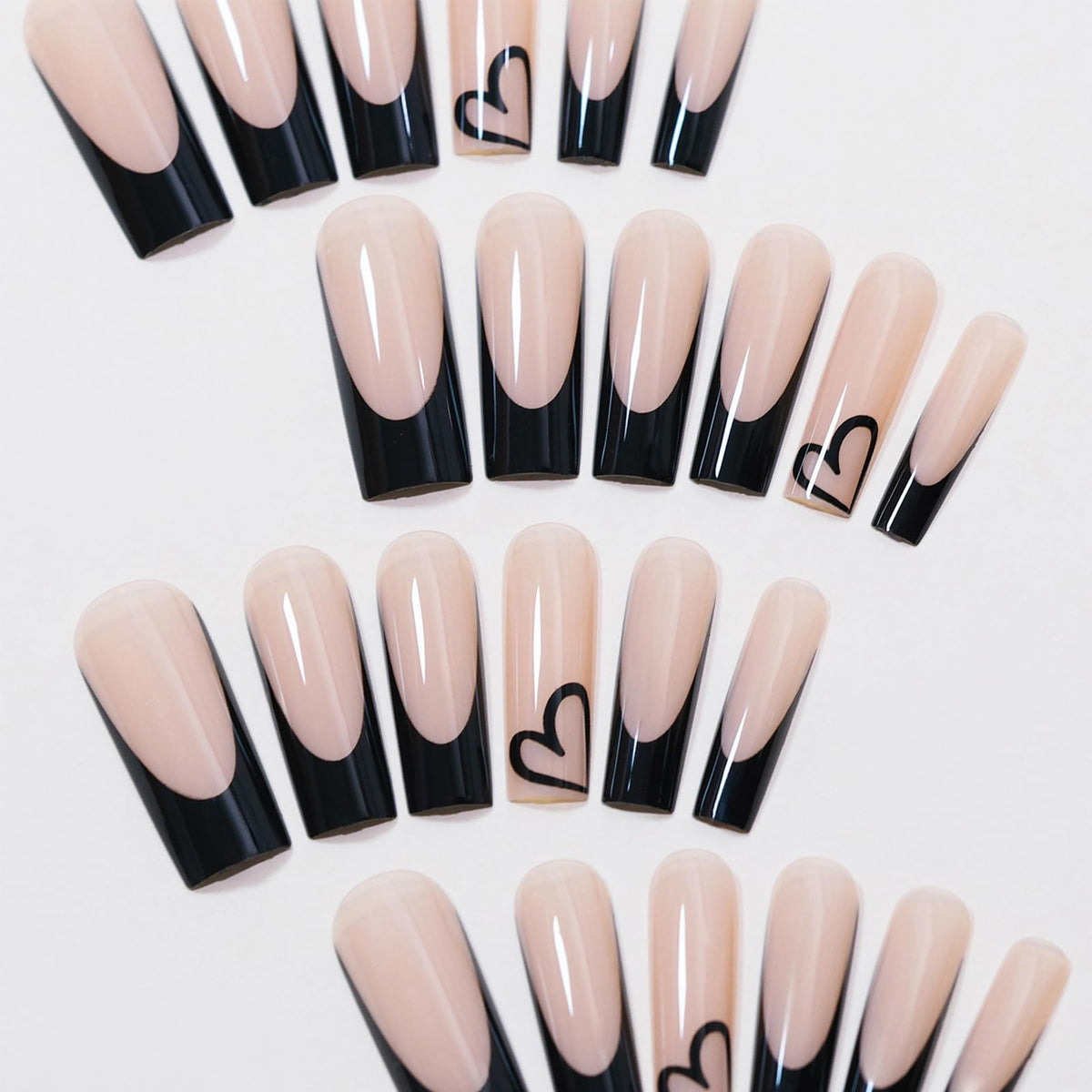 EONFAVE 24pcs French Tip False Nails - Press On Nails Long - French Style Black Edge Heart Stick On Nails With Glue - Long Coffin Shaped Elegant Design Fake Nails